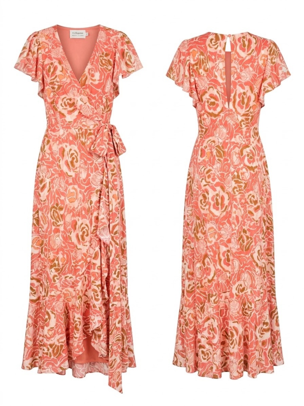 Tanya Taylor Coral and Cream Floral Wrap Midi Dress with Flutter Sleeves